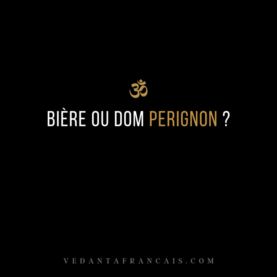 Symbole Om au-dessus du titre « Bière ou Dom Perignon ? » en blanc et doré sur fond noir.