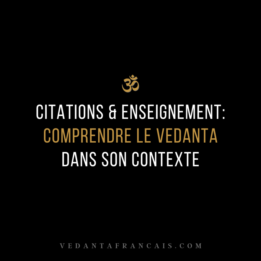 Symbole Om au-dessus du titre « Citations & enseignement : comprendre le Vedanta dans son contexte » en blanc et doré sur fond noir.