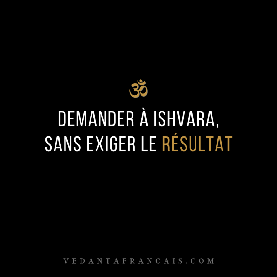 Symbole Om au-dessus du titre « Demander à Ishvara, sans exiger le résultat », en blanc et doré sur fond noir.