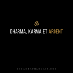 Symbole Om au-dessus du titre « Dharma, karma et argent » en blanc et doré sur fond noir.