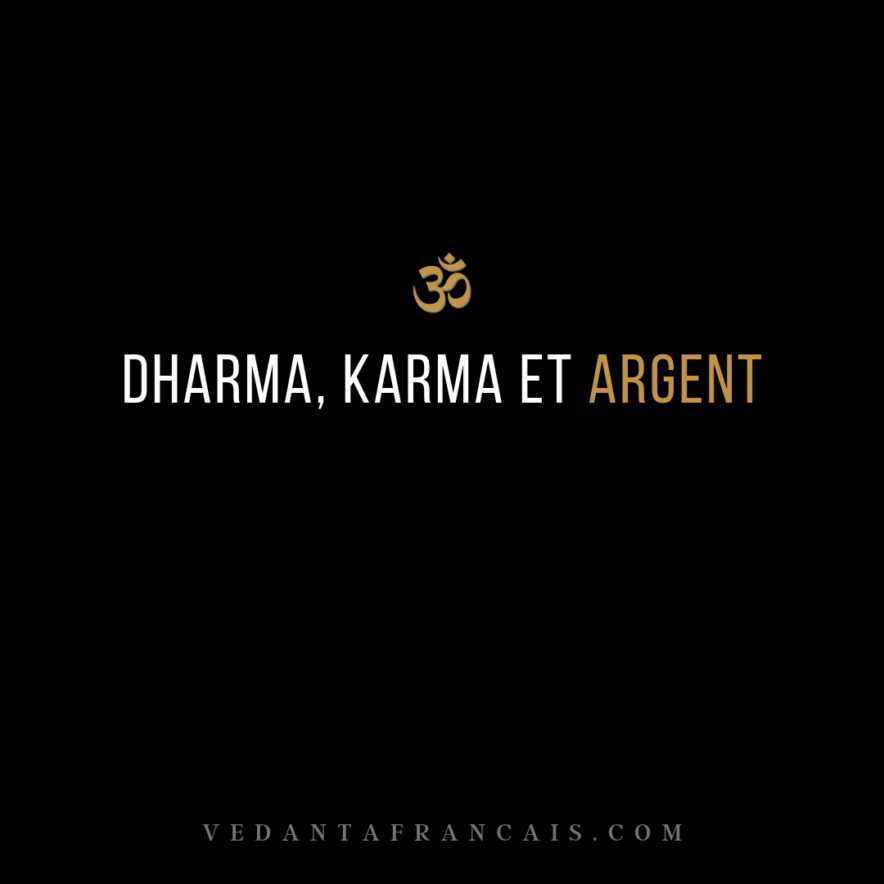 Symbole Om au-dessus du titre « Dharma, karma et argent » en blanc et doré sur fond noir.