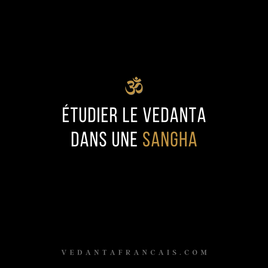 Titre « Étudier le Vedanta dans une Sangha » en blanc et doré sur fond noir.
