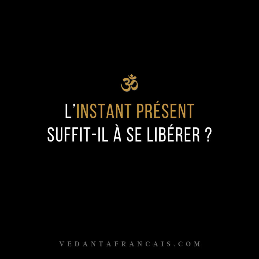 Symbole Om au-dessus du titre « L’instant présent suffit-il à se libérer ? » en blanc et doré sur fond noir.