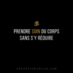 Symbole Om au-dessus du titre « Prendre soin du corps sans s’y réduire » en blanc et doré sur fond noir.