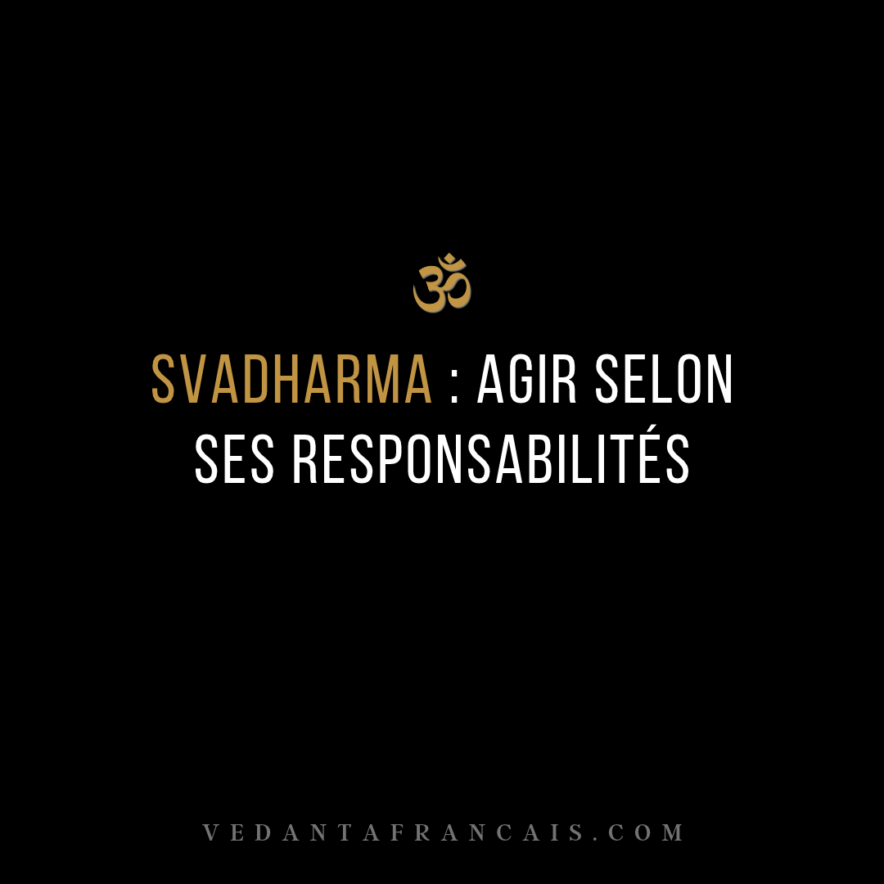 Titre « Svadharma : agir selon ses responsabilités » en blanc et doré sur fond noir.